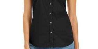 Charter Club Women's Button Front Top Black Size 12