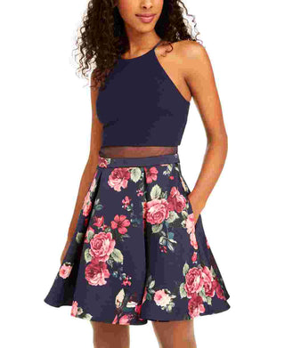 B Darlin Women's A Line Pleated Floral Illusion Dress Blue Size 9