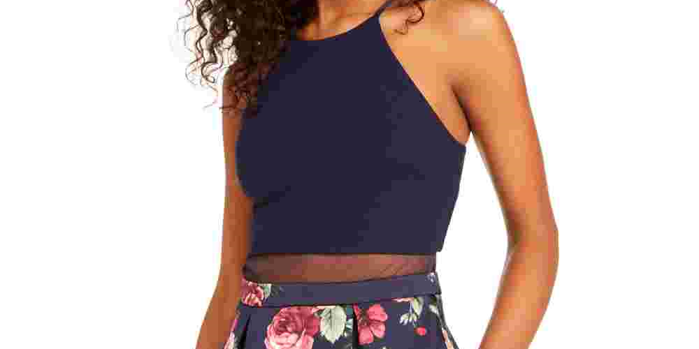 B Darlin Women's A Line Pleated Floral Illusion Dress Blue Size 9