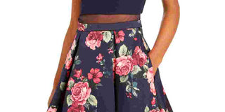 B Darlin Women's A Line Pleated Floral Illusion Dress Blue Size 9
