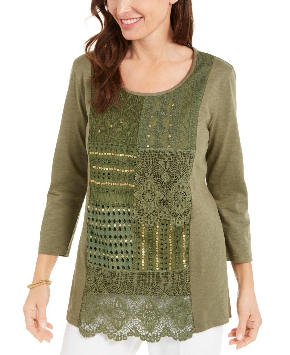 JM Collection Women's Cotton Crochet Patchwork Top Green Size X-Small