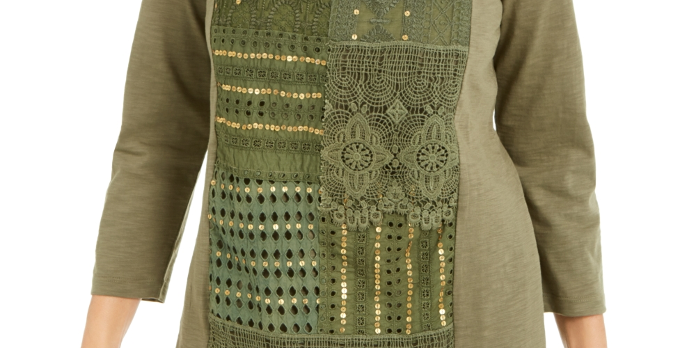 JM Collection Women's Cotton Crochet Patchwork Top Green Size X-Small