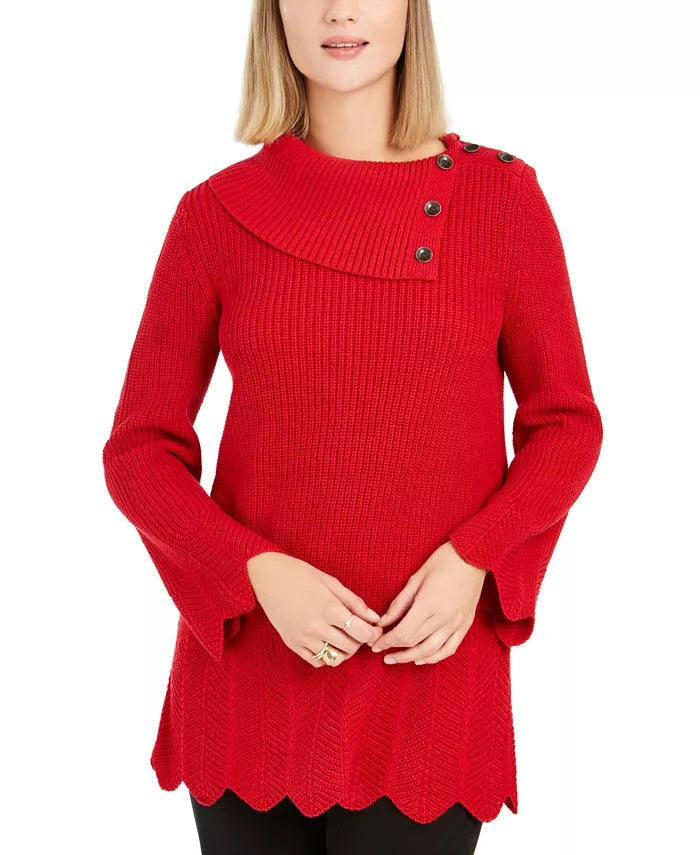 Style & Co Women's Envelope Neck Scalloped Edge Sweater Red Size Petite XL