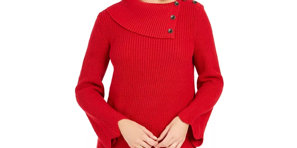 Style & Co Women's Envelope Neck Scalloped Edge Sweater Red Size Petite XL