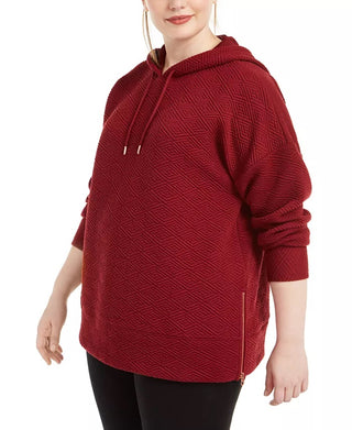 Ideology Women's Zippered Herringbone Long Sleeve Hoodie Sweater Red Size 3X