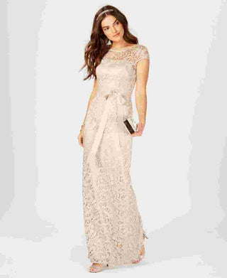 Adrianna Papell Women's Cap Sleeve Illusion Lace Gown Beige Size 4
