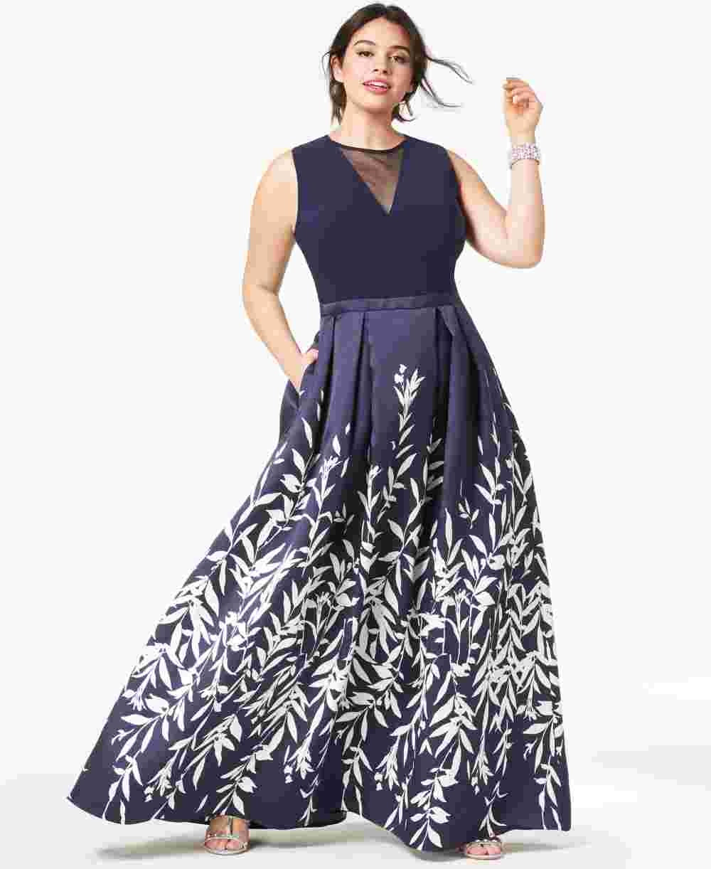Morgan & Co Women's Trendy Plus Printed A Line Gown Blue Size 16W