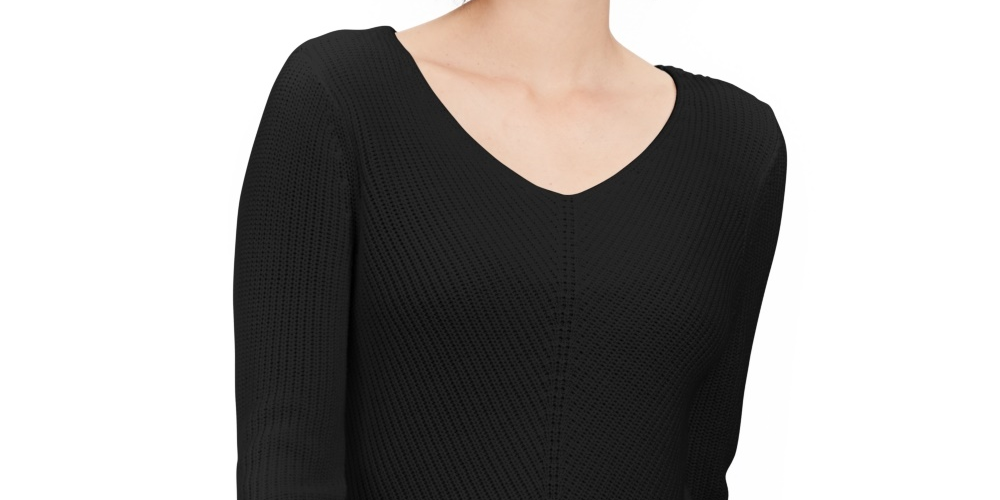 Style & Co Women's Ribbed V Neck Cotton Sweater Black Size Small