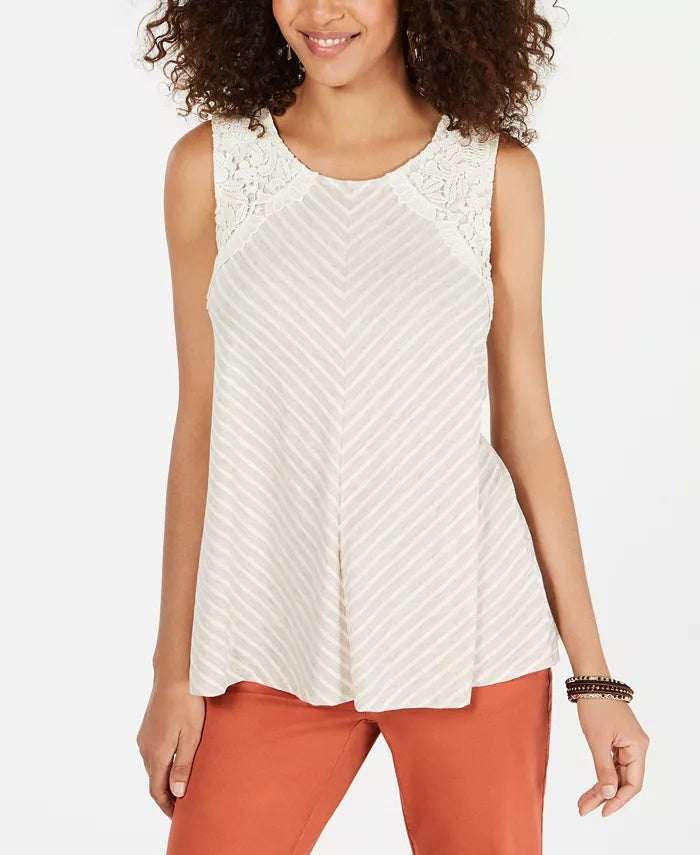 Style & Co Women's Striped Lace Sleeveless Top Beige Size Large