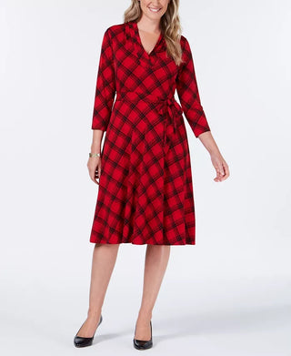 Charter Club Women's Plaid V Neck Dress Red Size X-Small