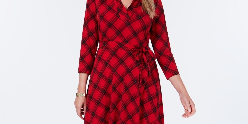 Charter Club Women's Plaid V Neck Dress Red Size X-Small