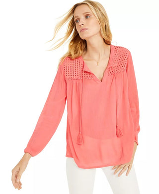Charter Club Women's Tassel Tie Eyelet Linen Top -Coral Size Medium