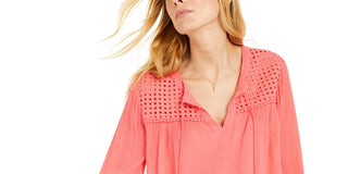 Charter Club Women's Tassel Tie Eyelet Linen Top -Coral Size Medium