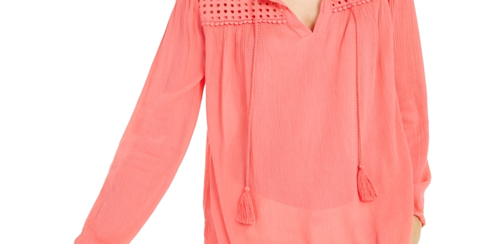 Charter Club Women's Tassel Tie Eyelet Linen Top -Coral Size Medium