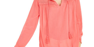 Charter Club Women's Tassel Tie Eyelet Linen Top -Coral Size Medium