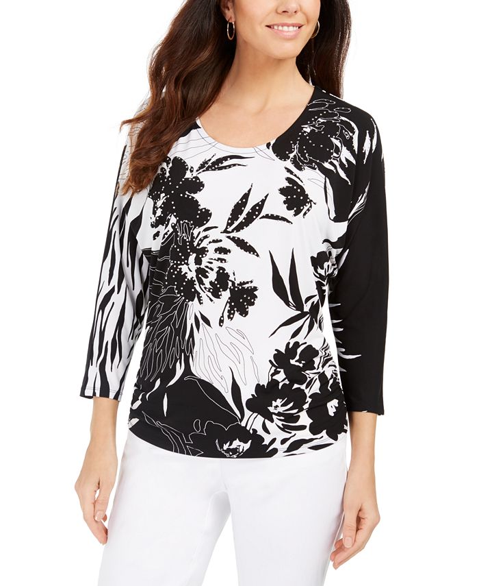 JM Collection Women's Printed Dolman Sleeve Tunic Top Black Size L
