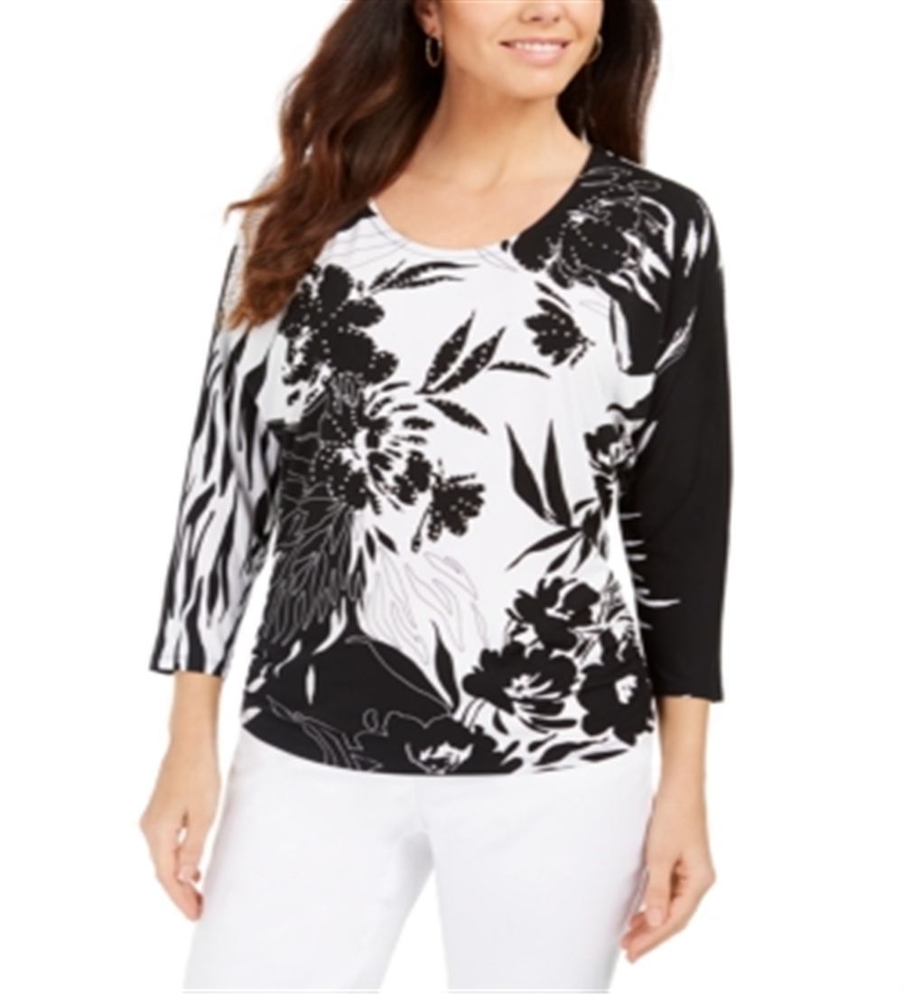 JM Collection Women's Printed Dolman Sleeve Tunic Top Black Size L