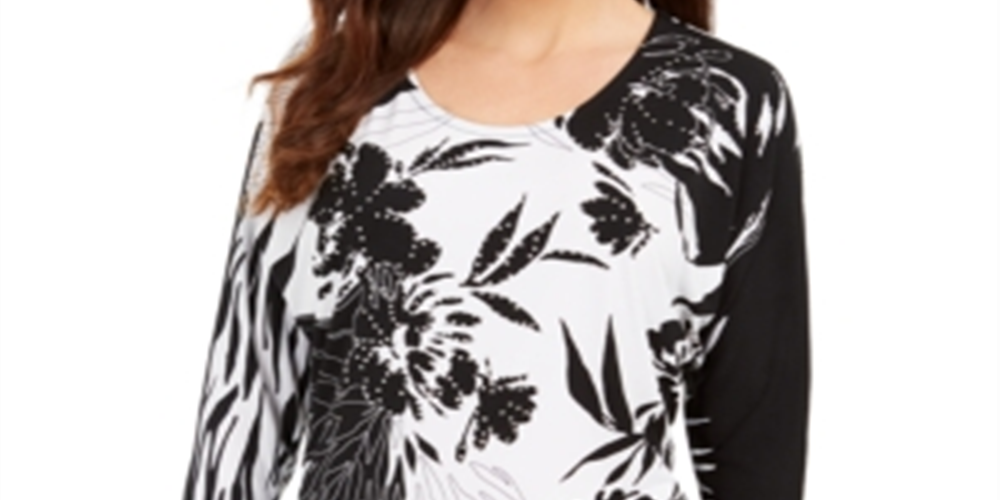 JM Collection Women's Printed Dolman Sleeve Tunic Top Black Size L