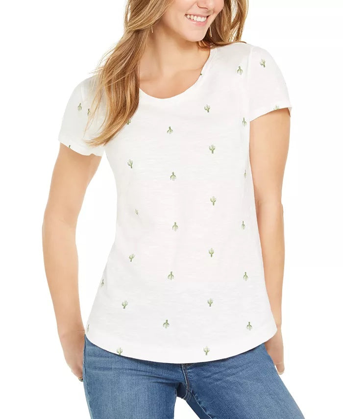 Style & Co Women's Printed Scoop Neck T-Shirt White Size Small
