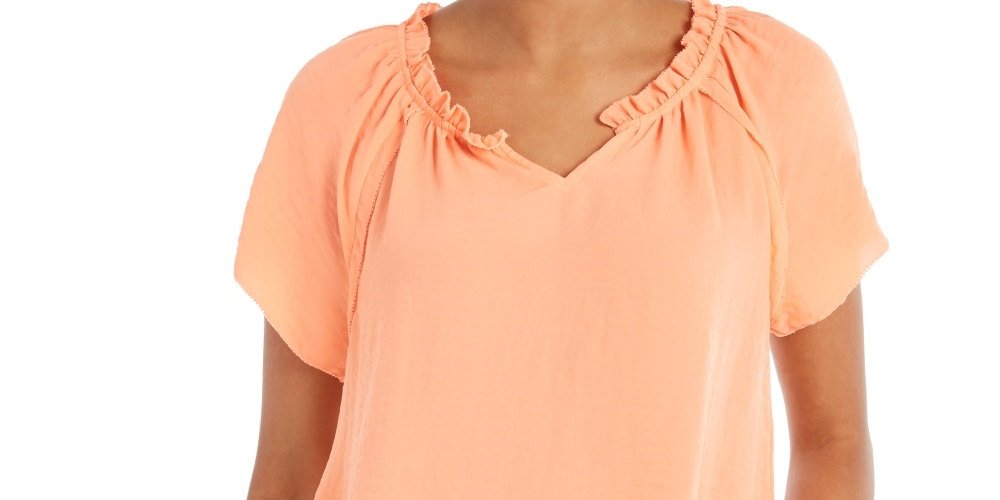 Style & Co Women's Ruffled Trim Flutter Sleeve Top Orange Size Petite Medium
