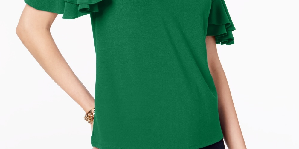 INC International Concepts Women's Ruffled Sleeve Top Green Size Petite S