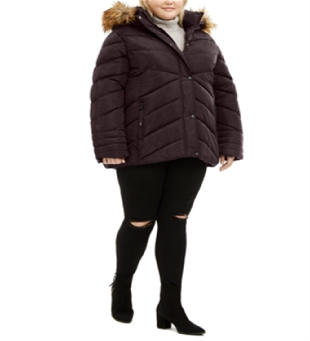 Madden Girl Junior's Plus Faux Fur Trim Hooded Puffer Coat Purple Size 3X
