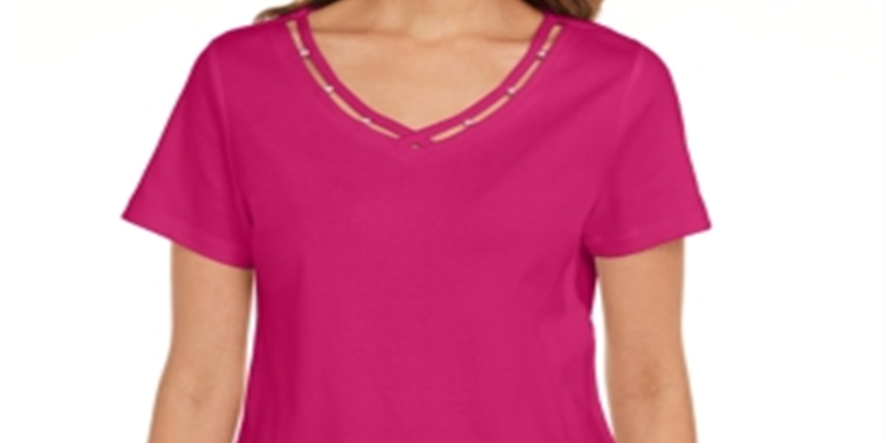 Karen Scott Women's Cotton Open Trim V Neck T-Shirt Pink Size X-Small