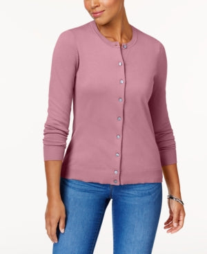 Karen Scott Women's Crew Neck Cardigan Pink Size Petite Small