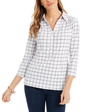 Charter Club Women's 3/4 Sleeve Printed Polo Top cloud White Size Smal