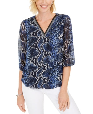 JM Collection Women's Snake Embossed Bubble Top Blue Size Petite Medium