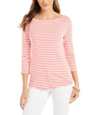 Charter Club Women's 3/4 Sleeve Striped Top Red Size Large