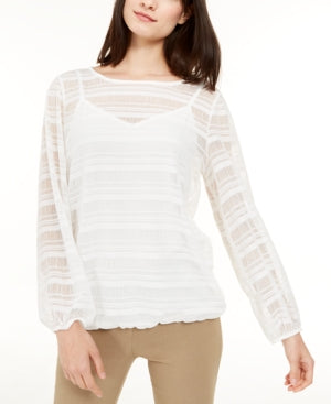 Alfani Women's Sheer Stripe Balloon Sleeve Top White Size Petite L