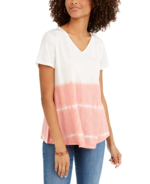 Style & Co Women's Tie Dyed V Neck Linen Blend Top Pink Size X-Large