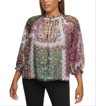 Calvin Klein Women's Clip Dot Ruffle Neck Pullover Blouse Floral Print Size X-Large