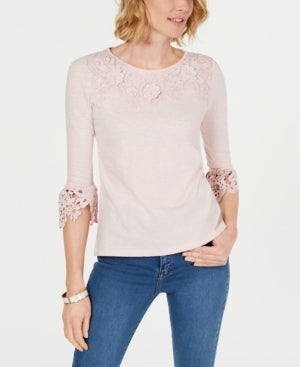 Charter Club Women's Bell Sleeve Embroidered Top Pink Size PSM