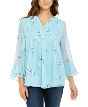 Charter Club Women's Double Ruffle Printed Pintuck Top Blue Size XX-Large