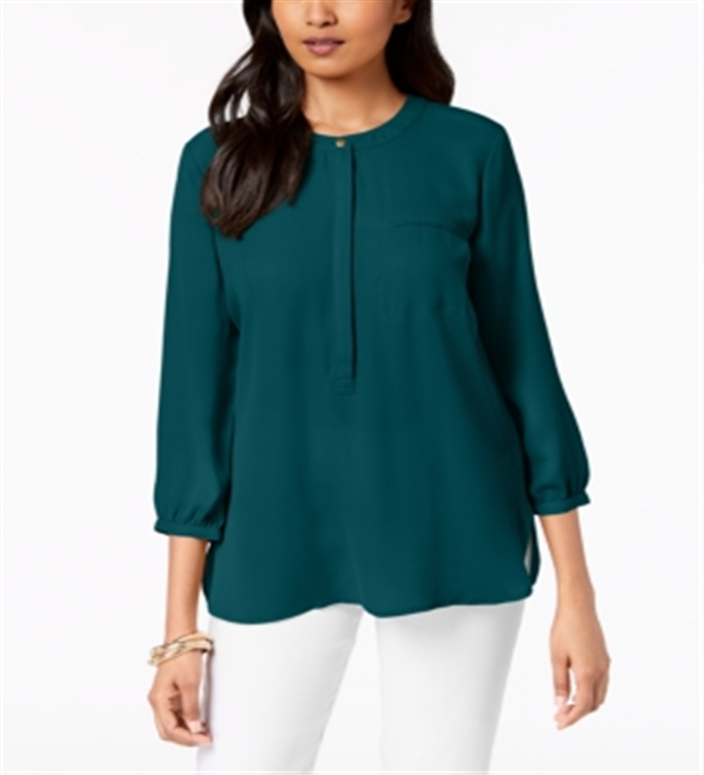 JM Collection Women's Pleated Button Down Blouse Teal Size XS