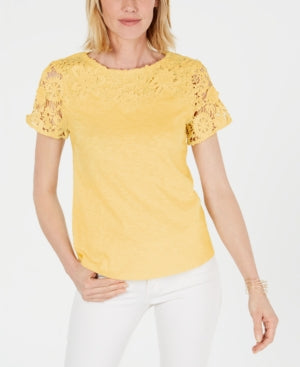 Charter Club Women's Cotton Lace Embellished T-Shirt Yellow Size Medium
