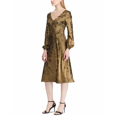 Ralph Lauren Women's Long Sleeve Tea Length Wrap Dress Gold Size 8