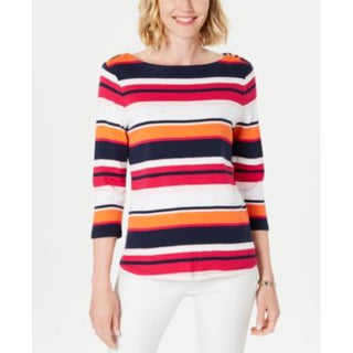 Charter Club Women's Cotton Striped Boat Neck Top Pink combo Size Petite XL