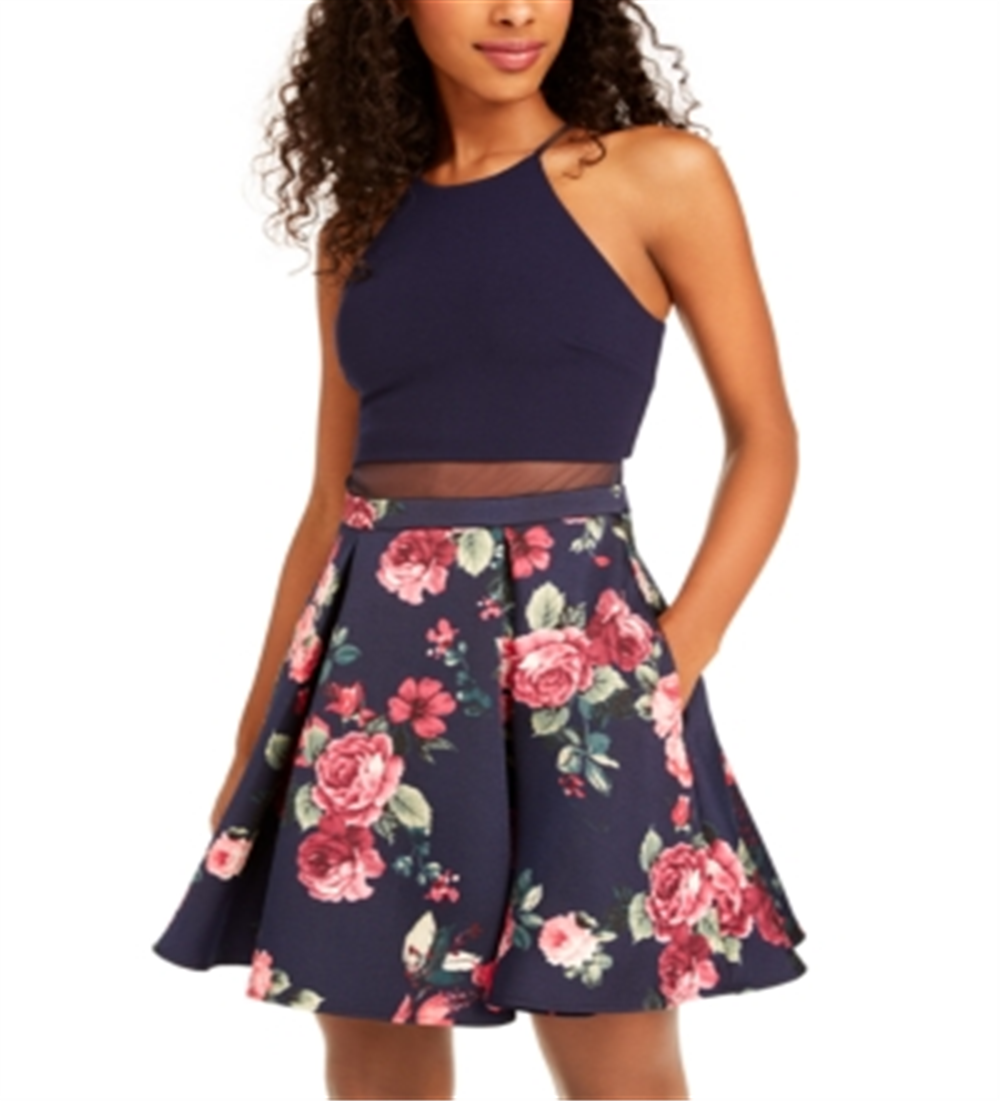 B Darlin Women's Floral Sleeveless Halter Short Fit Flare Party Dress Blue Size 1-2