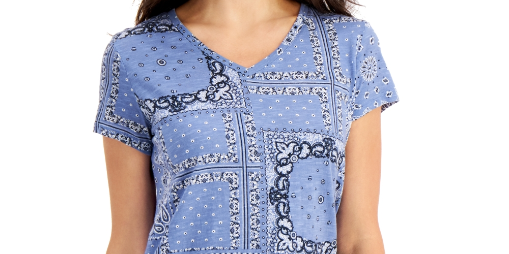 Style & Co Women's Printed Cotton V-Neck Top Blue Size Petite XS