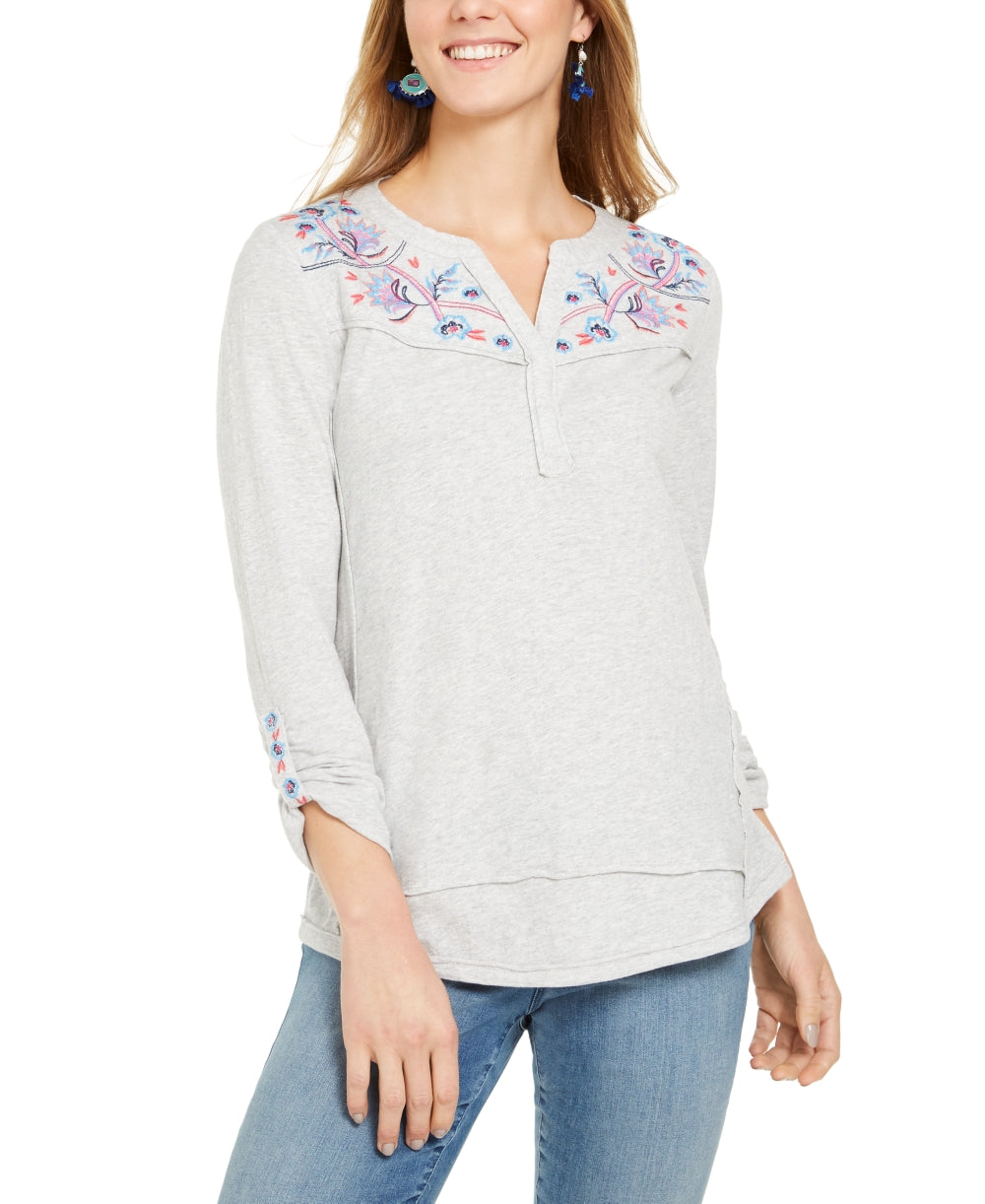 Style & Co Women's Embroidered Top Gray Size Small
