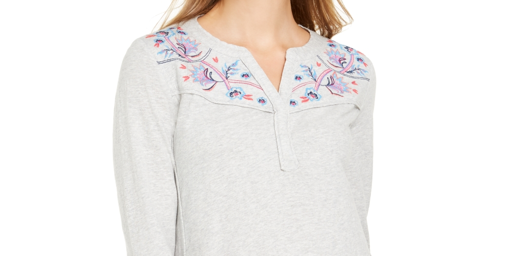 Style & Co Women's Embroidered Top Gray Size Small