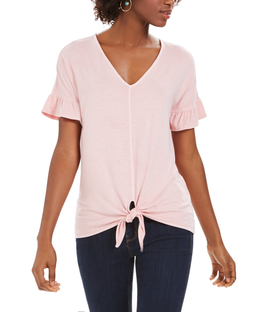 Style & Co Women's Flutter Sleeve Tie Front Top  Pink Size X-Small