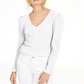 INC International Concepts Women's  Puff Shoulder Ribbed Top White Size Petite S