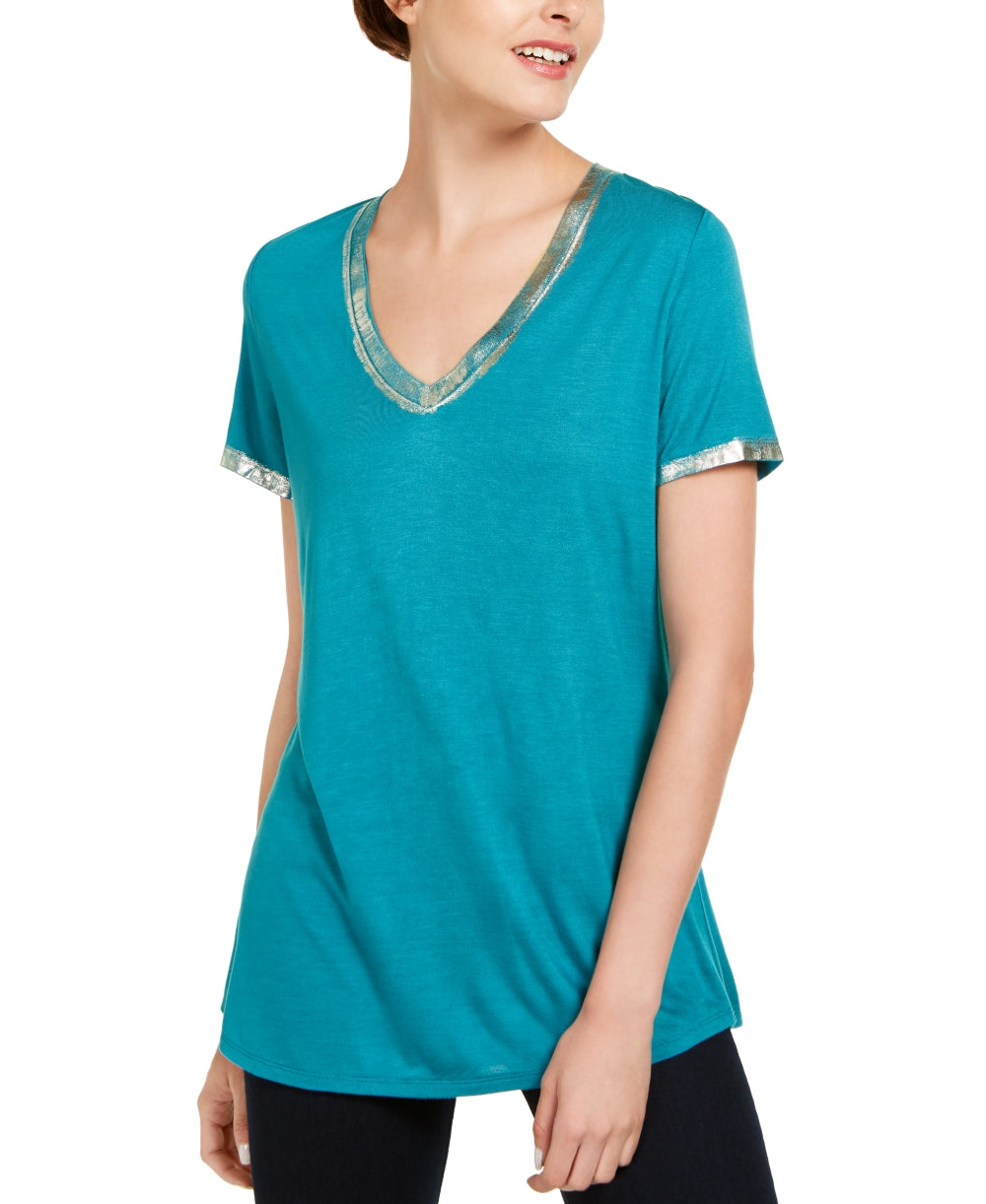 INC International Concepts Women's Metallic Trim T-Shirt Green Size X-Small