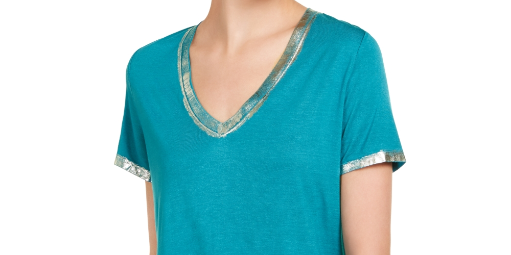 INC International Concepts Women's Metallic Trim T-Shirt Green Size X-Small