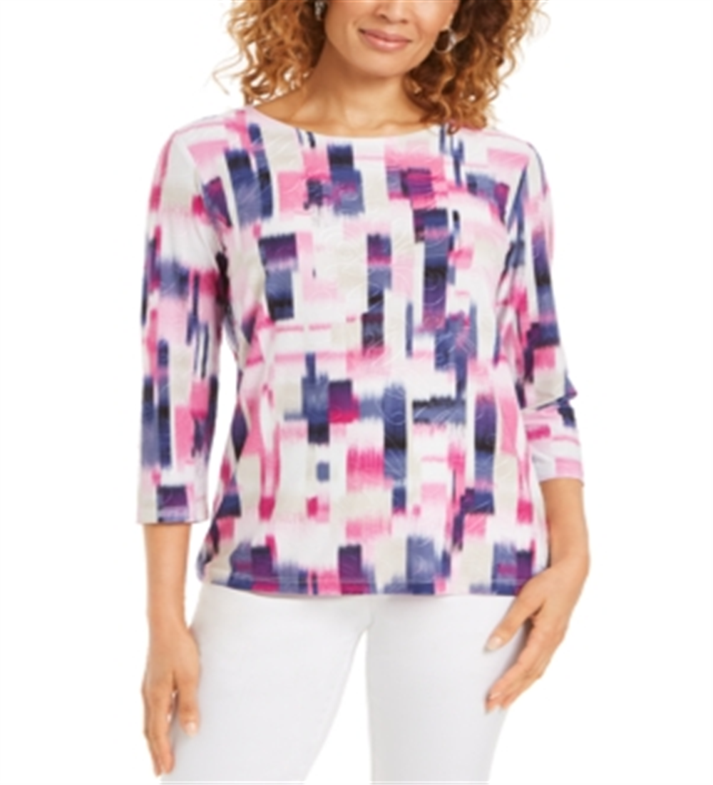 Jm Collection Printed 3/4-Sleeve Jacquard Top Pink Size S