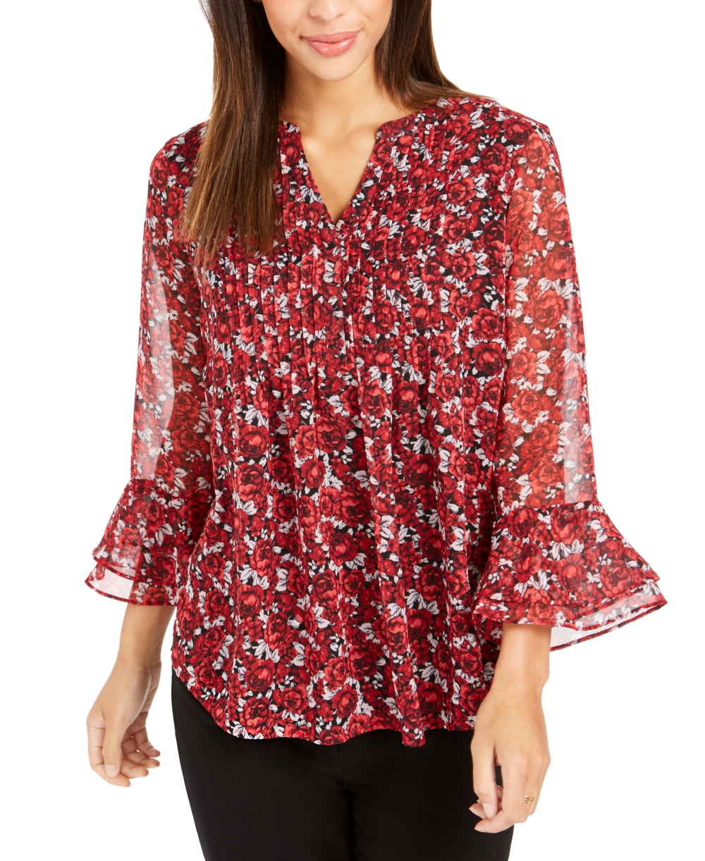 Charter Club Women's Floral Pintuck Top Red Size X-Small